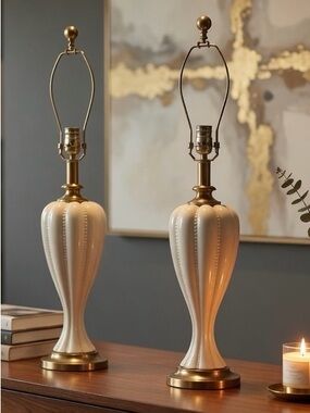 Pair of Lenox Table Lamps by Quoizel — White Porcelain with Bronze — Elegant